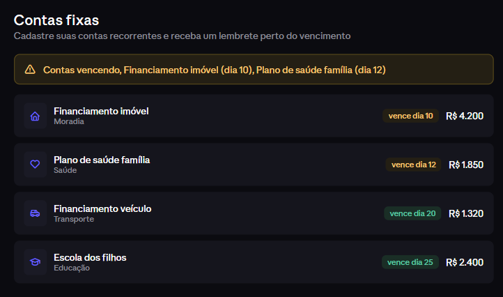 Lista de contas fixas com lembrete de vencimento no Levin