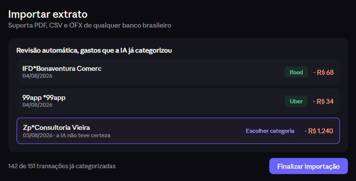 Tela de importação de extrato do Levin mostrando gastos já categorizados pela IA